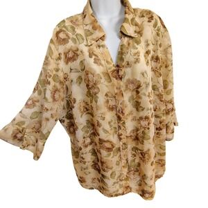 White Stag Woman 3X Floral Sheer Button Up Blouse Tan Brown Green 3/4 Sleeve Top